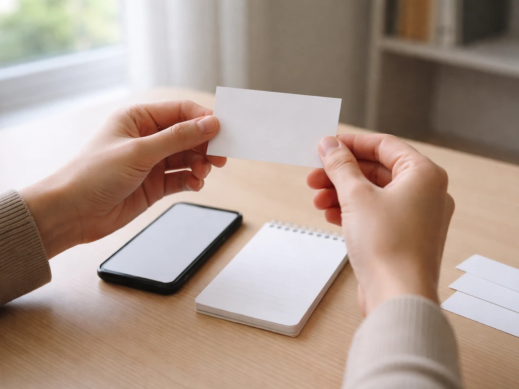 Anonymous hands over a minimal desk with blank cards and a blank-screen phone for context clues