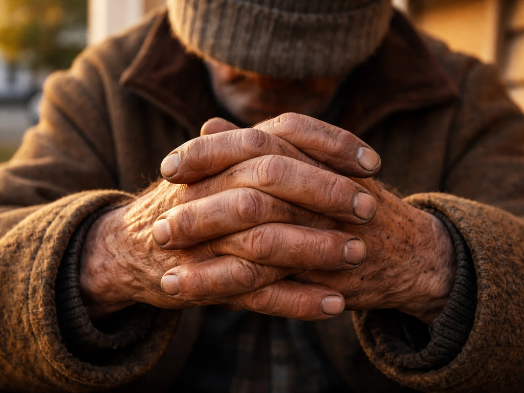 Weathered older hands in a rugged coat, warm light conveying resilient “tough old bird” spirit