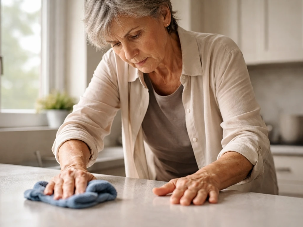 Older person in a home kitchen, leaning forward and busily wiping counters as they push through chores.