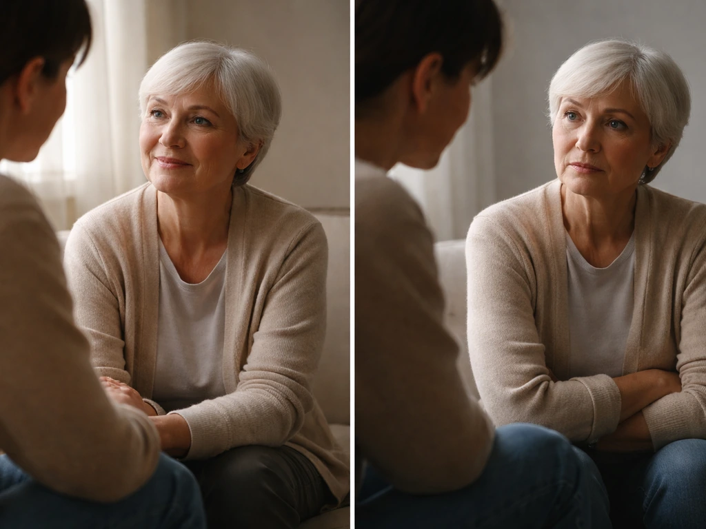 Two small scenes side-by-side: supportive older person being encouraged, and a skeptical moment with a raised eyebrow