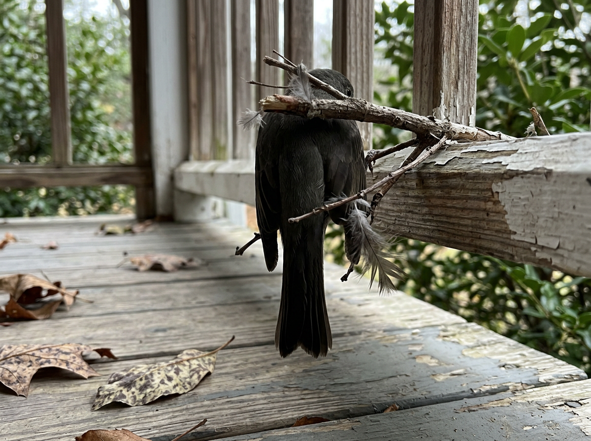 Upside-down dead bird hanging from a porch branch or hook, showing the position clearly