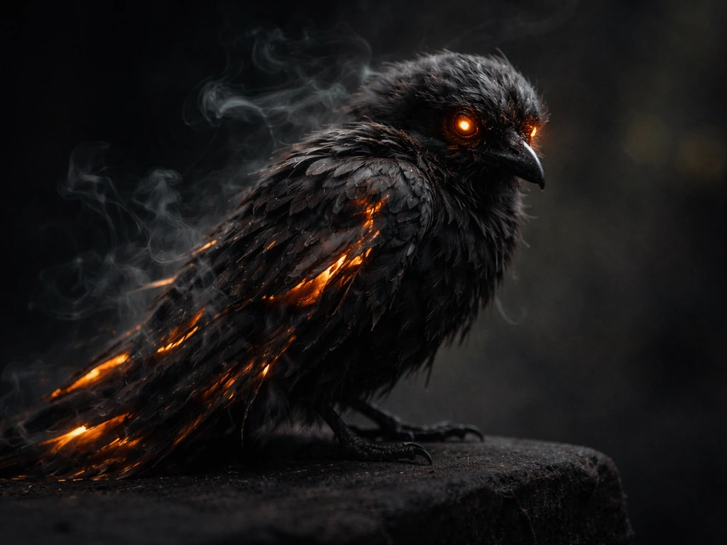 Moody AI bird creature with eroded, smoky feathers in a dark studio-like setting.