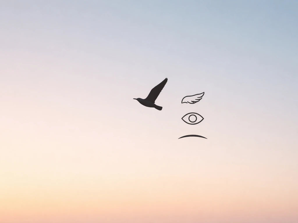 Minimal photo of a bird silhouette with subtle symbolic icons suggesting freedom and vastness.
