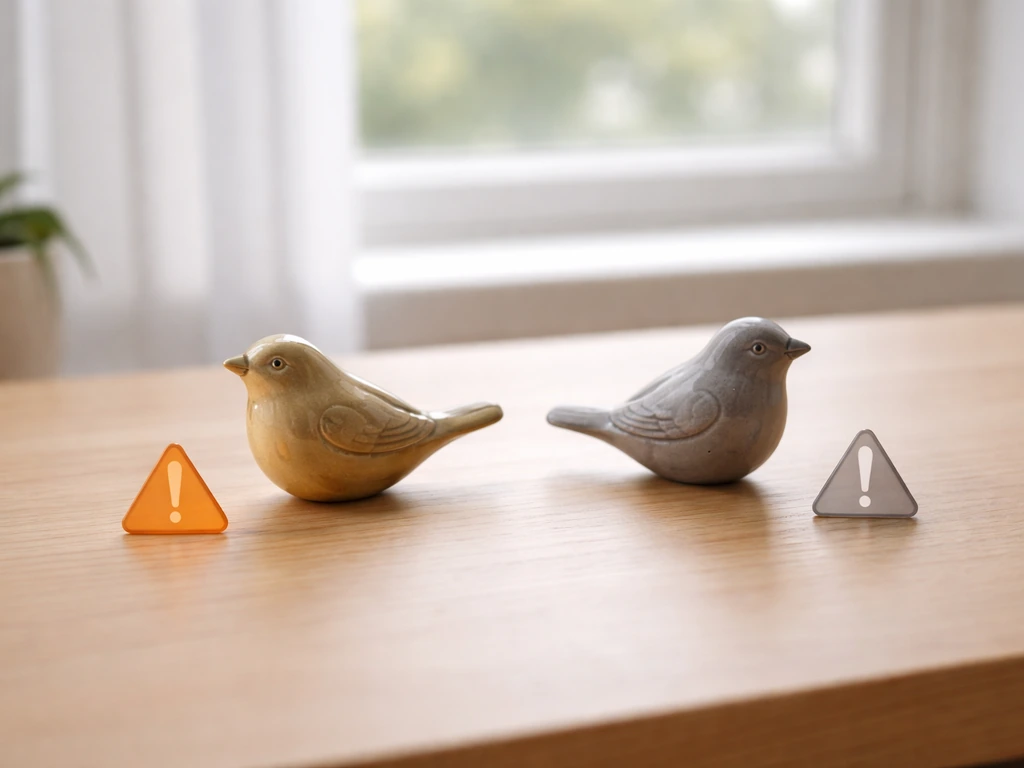 Minimal office desk scene showing two small figurines labeled by color-only caution, suggesting figurative vs literal mi