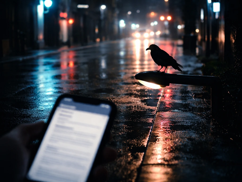 Night city street with a shadowy bird silhouette and a smartphone showing a generic slang definition screen.