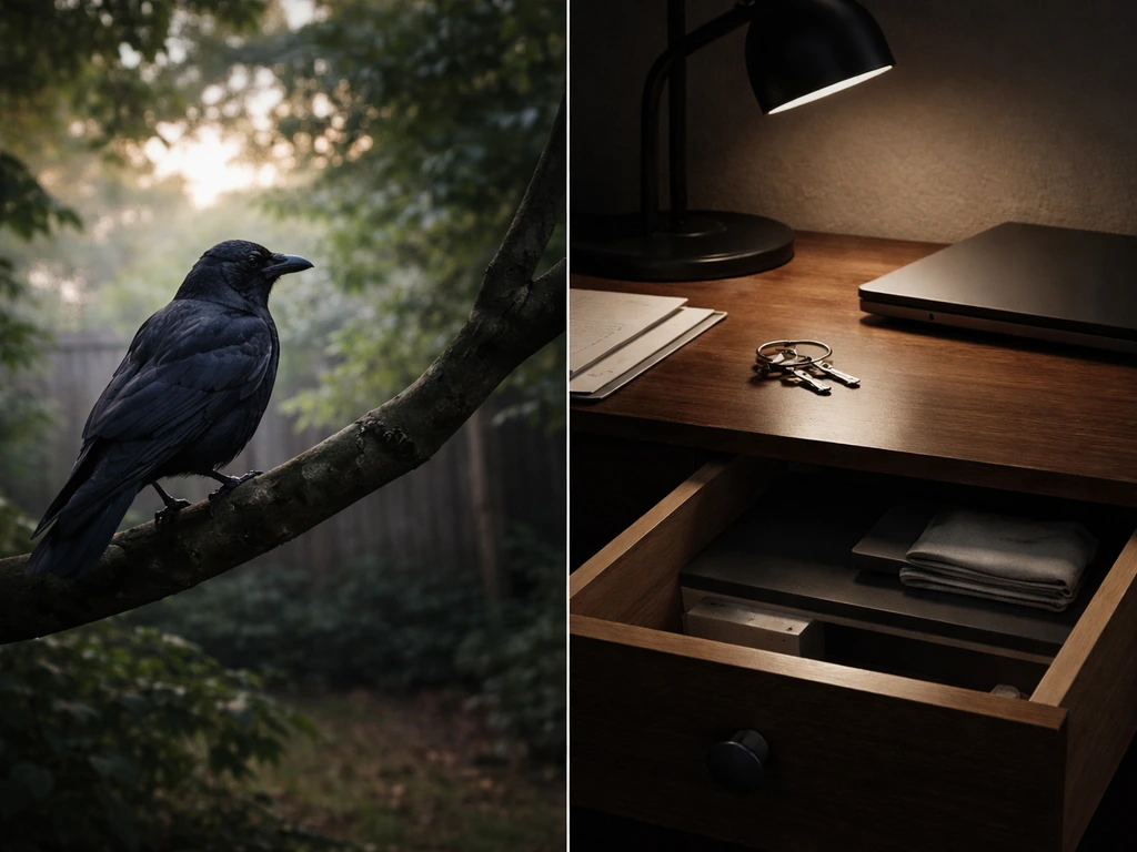 Split image: a stealthy crow on the left; an anonymous desk with keys and a half-open drawer on the right.