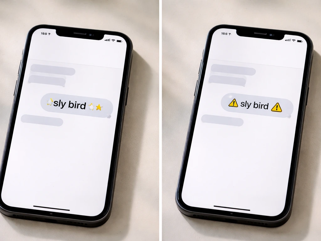Split-screen of two anonymous chat bubbles showing admiration vs warning tones with the phrase 'sly bird'.