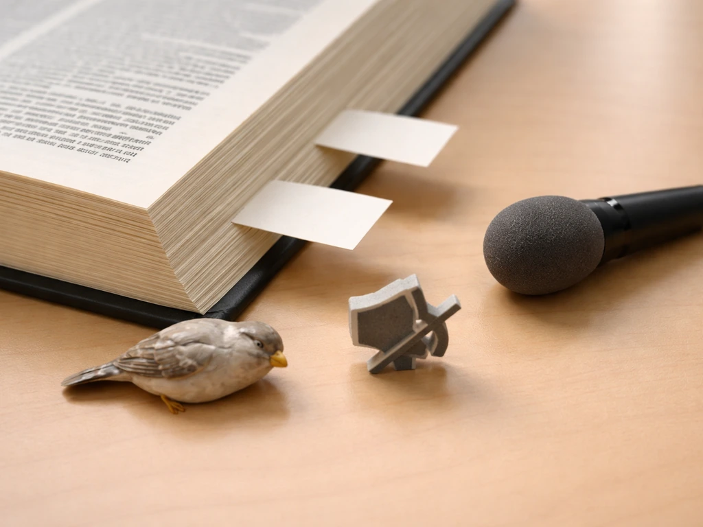 Open dictionary on a table with three unlabeled meaning cues and a muted microphone symbolizing being silenced.