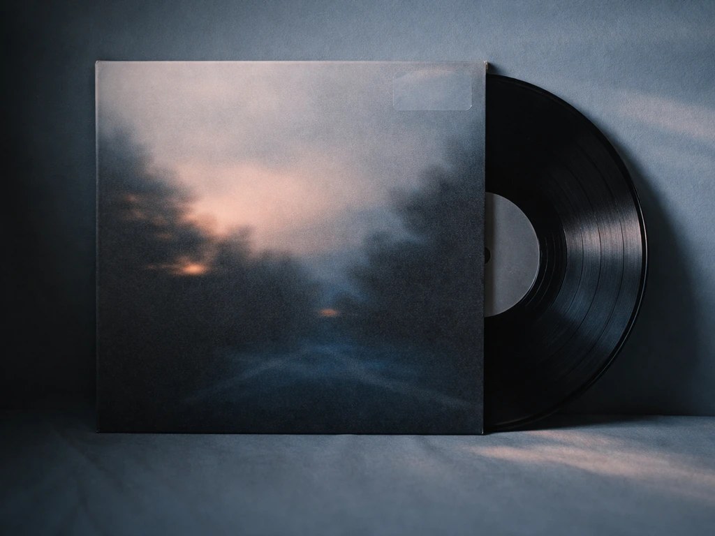 Moody close-up of a vinyl record sleeve and partially pulled vinyl on a muted blue-gray surface.