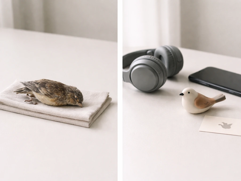 Minimal desk scene showing a small bird prop vs a figurine, plus a dove icon tag card for context.