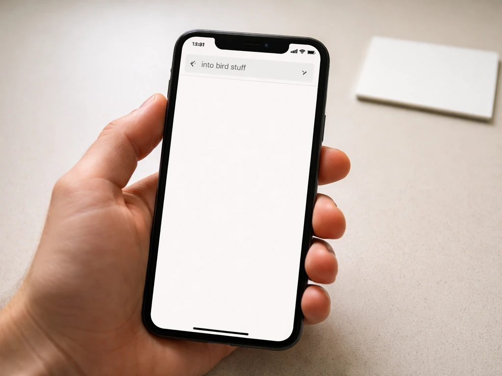 Smartphone mock showing an empty Urban Dictionary–style search result for “into bird stuff”.