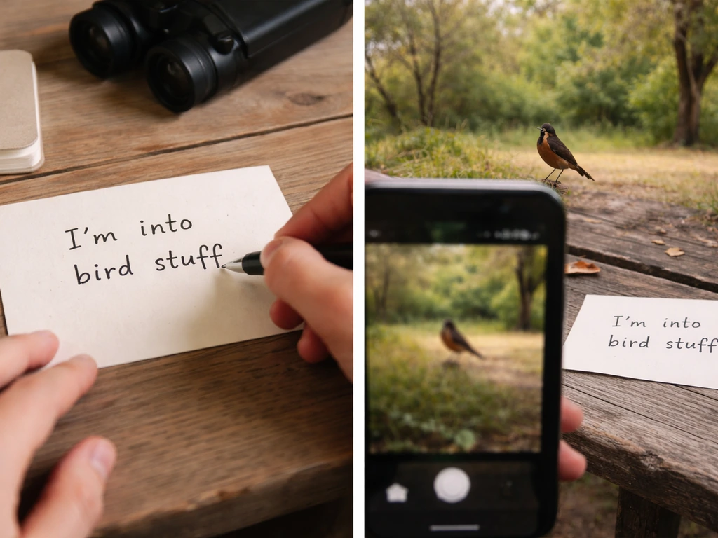 Person’s handwritten note and a casual birding-photo caption-style moment using the phrase.