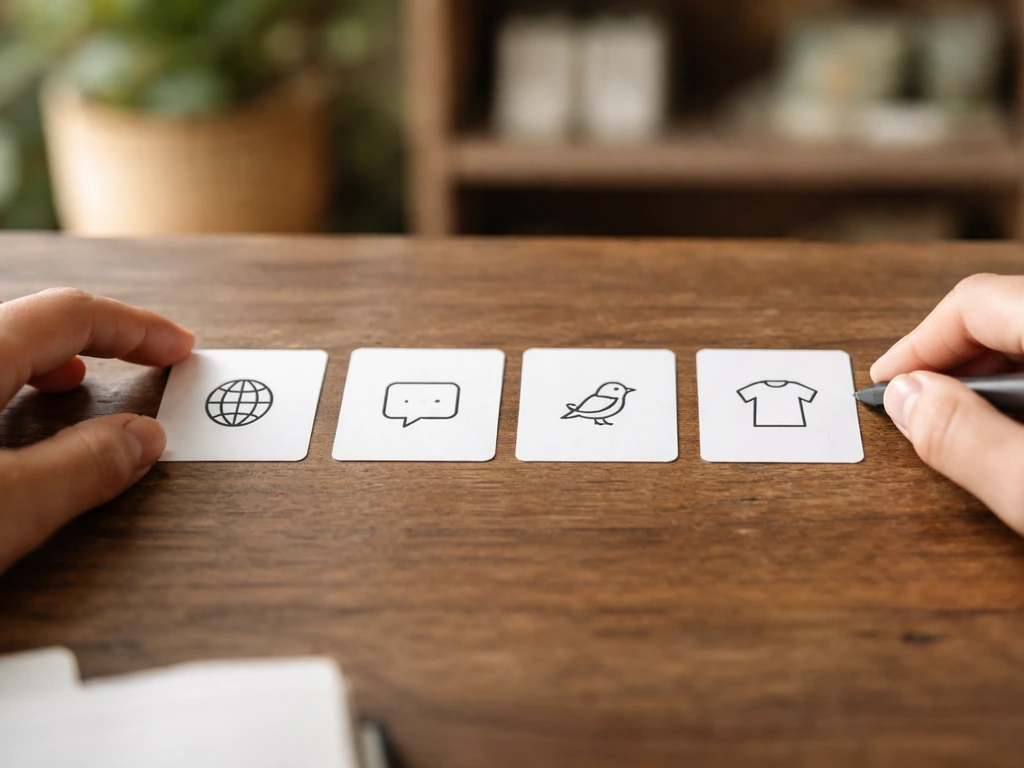 Hands reviewing simple icon cue cards to match phrase meaning to different contexts.