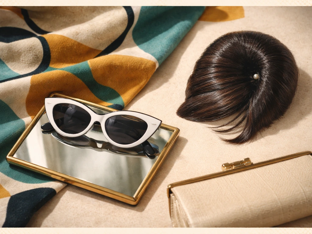1960s mod accessories on a vintage vanity, evoking “dolly bird” Swinging London slang vibe.