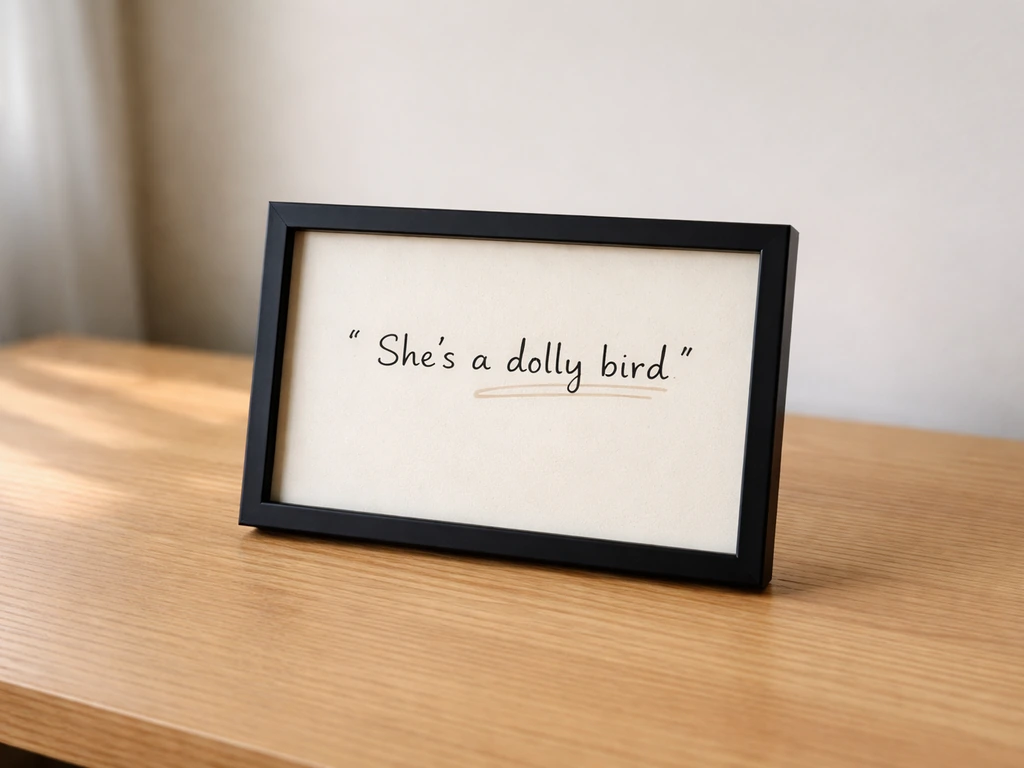A simple desk setup with a framed card showing a highlighted fictional dialogue line: “She’s a dolly bird.”