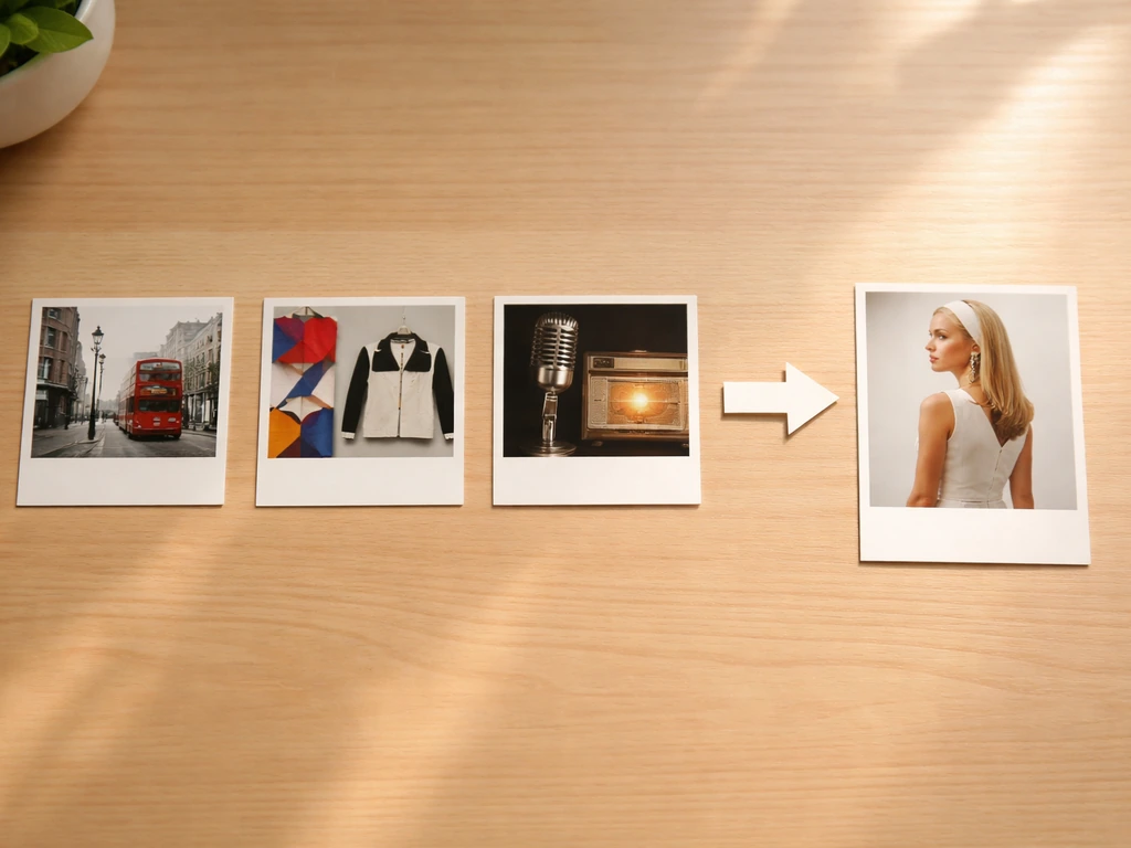 Minimal desk with three 1960s London/mod context cards pointing to a generic mod woman image.