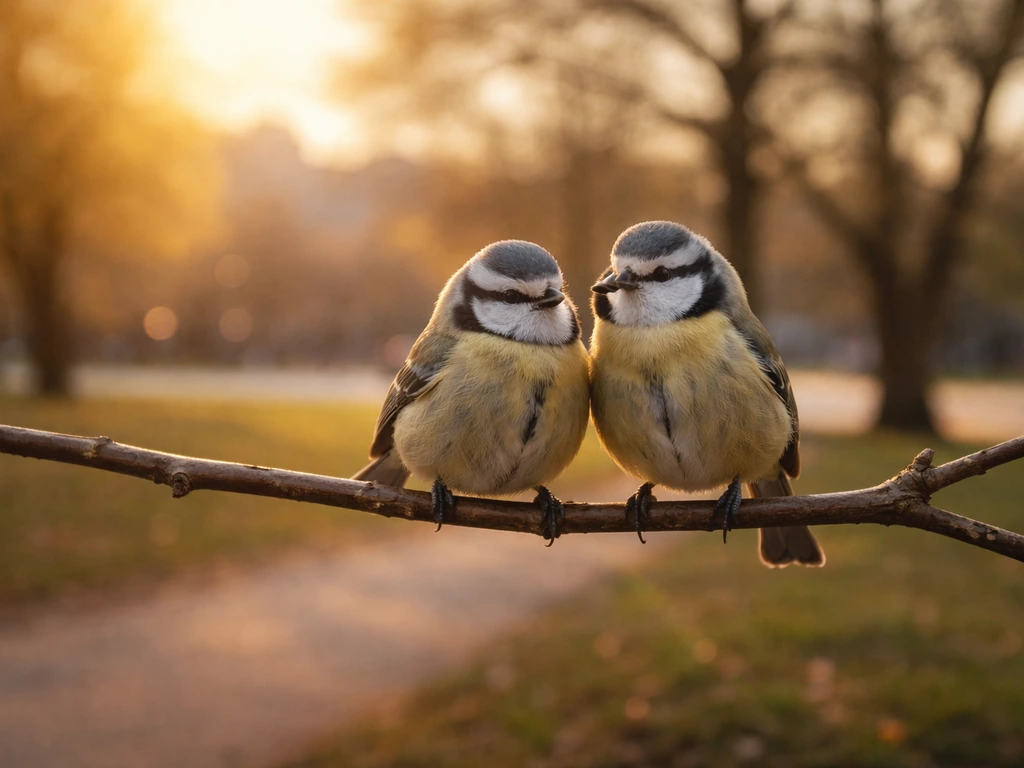 Two small birds perched close together on a branch, symbolizing people with similar traits sticking together.