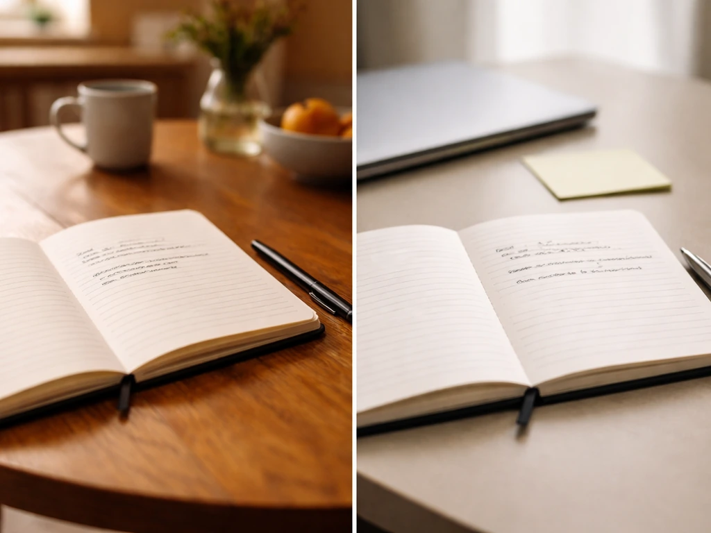 Split-scene of a notebook with handwritten speech in casual and office settings, no people or logos.