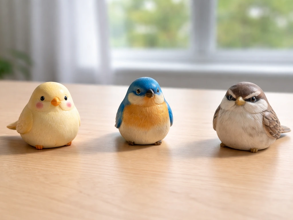 Three small bird figurines on a wooden table in natural light, spaced apart to avoid mix-ups