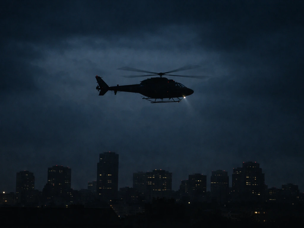 Silhouette of a police helicopter hovering above a dark city skyline at night