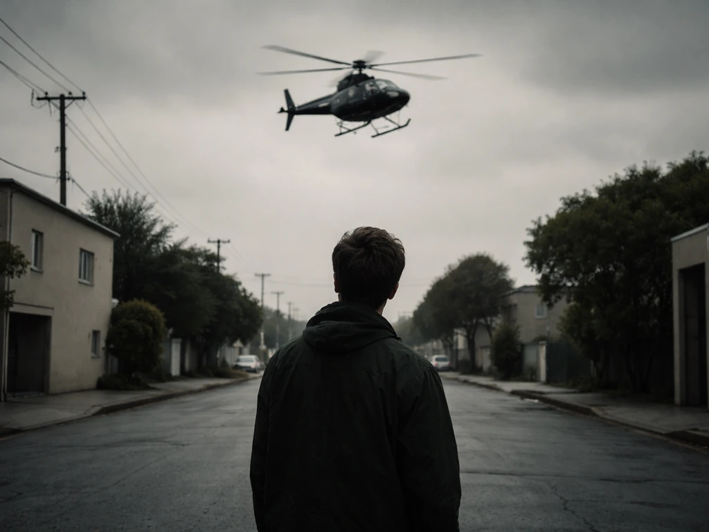 An annoyed person in a quiet street with a hovering helicopter overhead, conveying cynical surveillance mood.