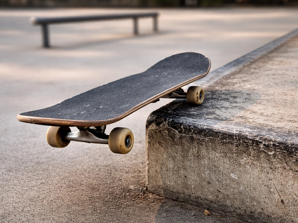 Skateboard beside a ledge/flat bar in an empty urban skate spot, close-up action framing.