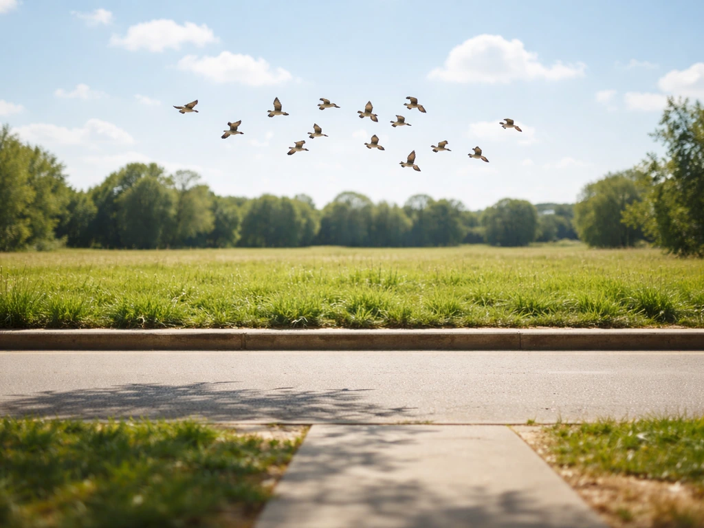Small birds flying low over an open street and grassy field in bright daylight, suggesting freedom
