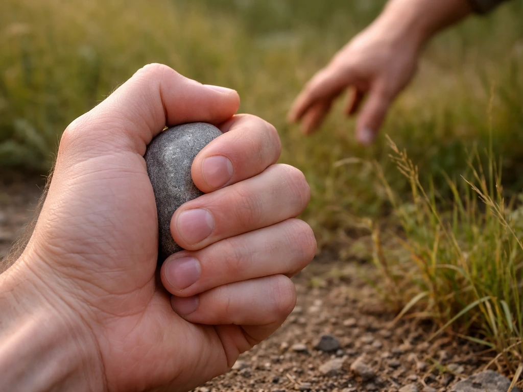 Close-up of a closed hand holding a small stone while the other hand reaches toward distant grass