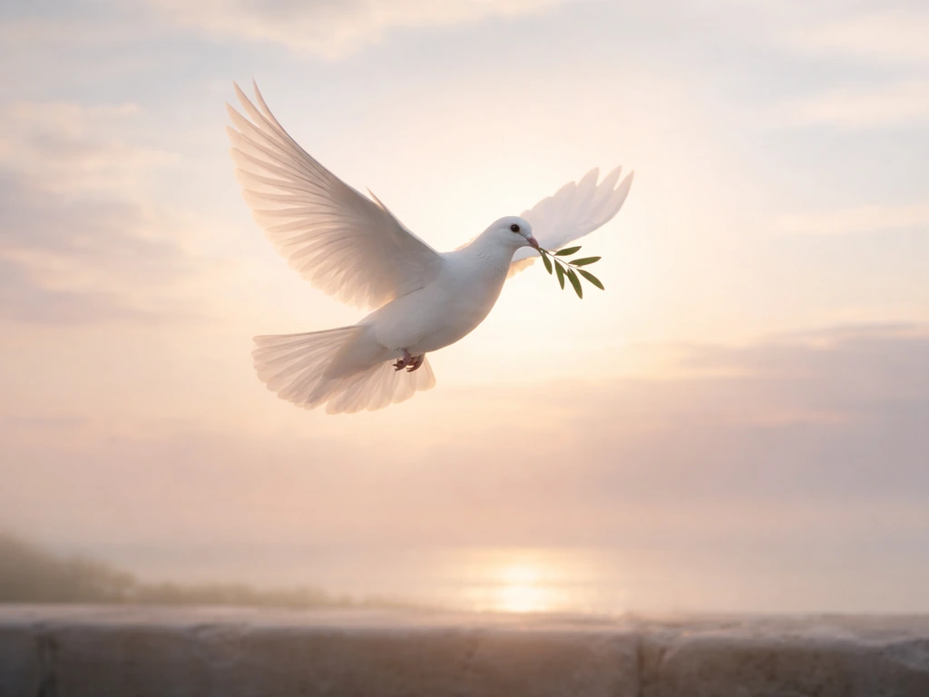 A white dove carrying an olive branch glides at dawn, symbolizing hope and peace.