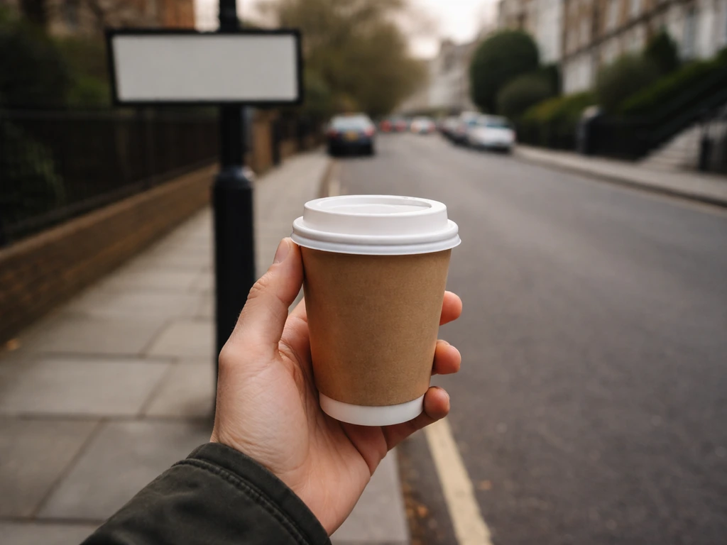 Close-up of a hand holding a takeaway coffee beside a quiet street sign, suggesting British casual dialogue.