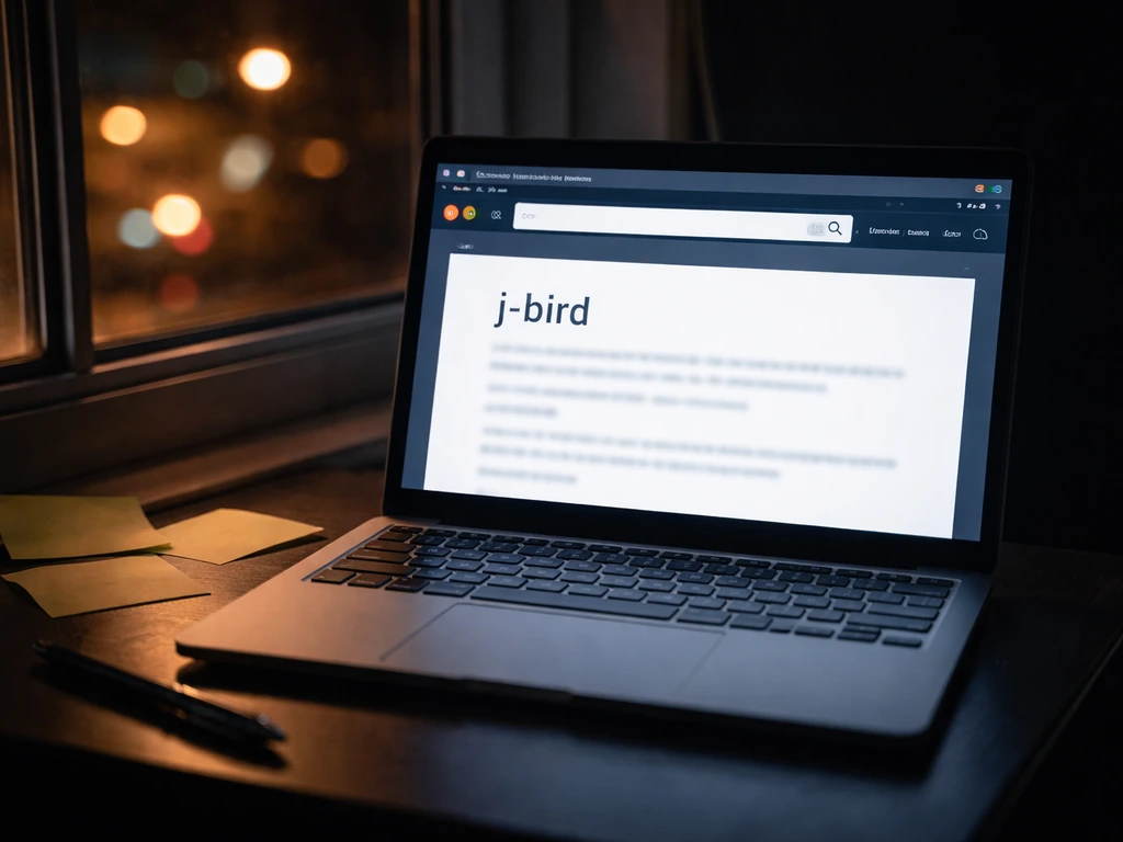 Close-up of a laptop screen showing an Urban Dictionary-style page with “j-bird” highlighted, in a dim urban setting.