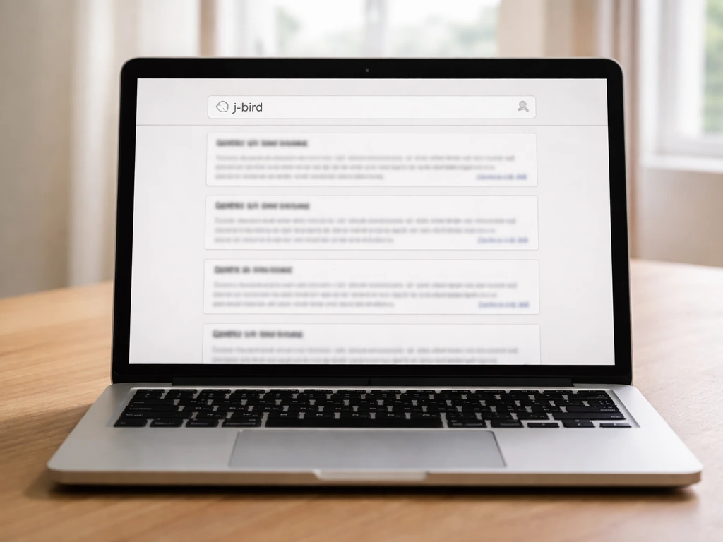 Laptop on a desk showing a blurred web search results page with multiple stacked entries for “j-bird”.