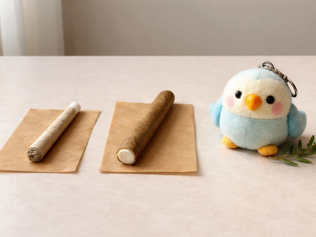Three small cannabis-related objects on a neutral surface representing joint, potent joint, and affectionate nickname.
