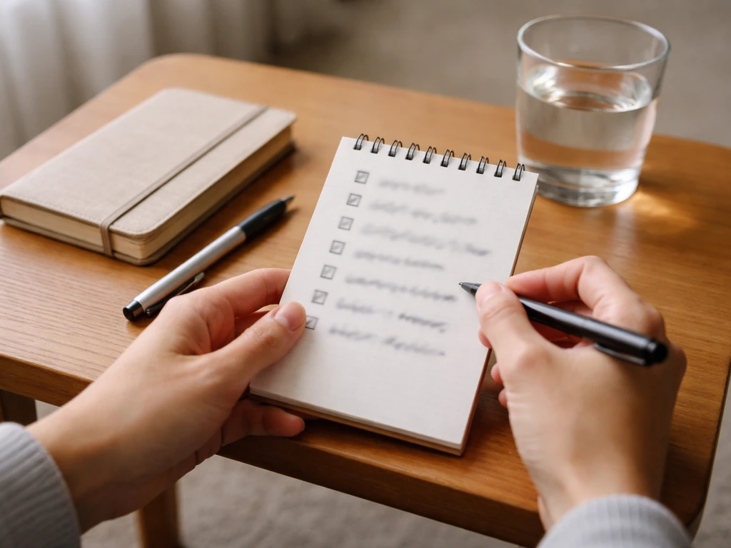 Person reviewing a handwritten checklist on a quiet table with cannabis leaf–free, neutral objects