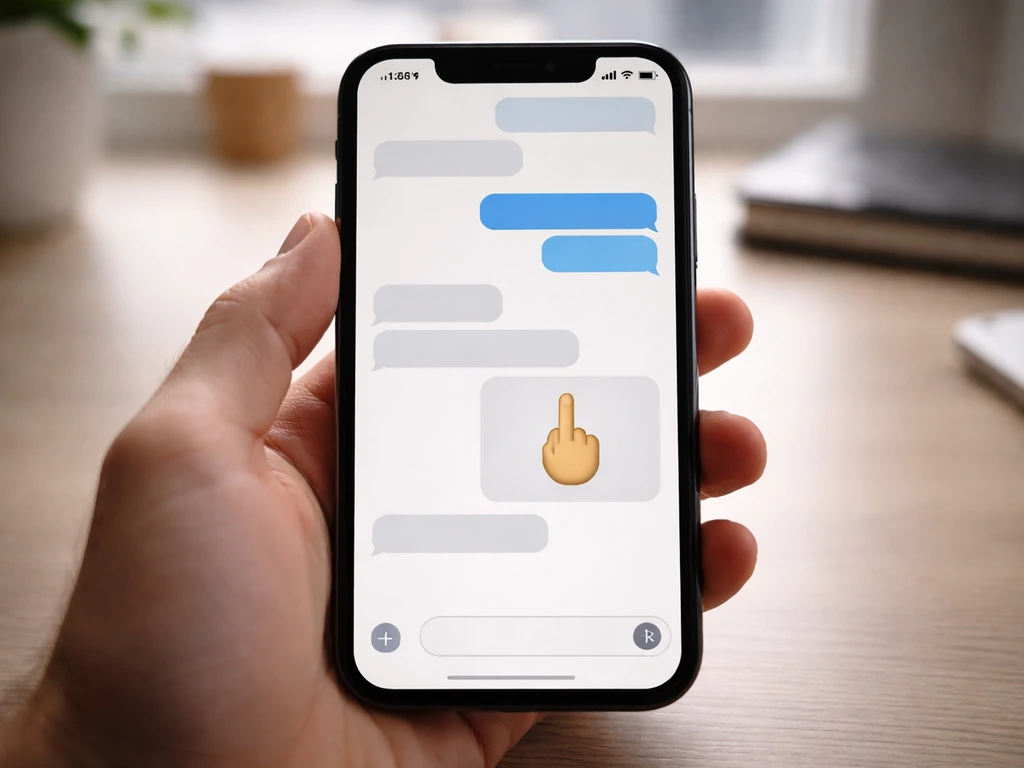 Close-up of a smartphone showing generic messaging bubbles with a rude gesture emoji-like icon in a comment thread