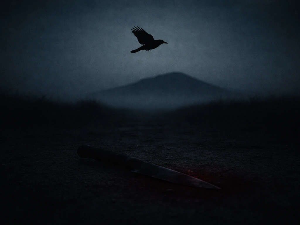 Silhouetted bird over a dark knife with faint red tones; distant mountain in a moody surreal riddle scene.