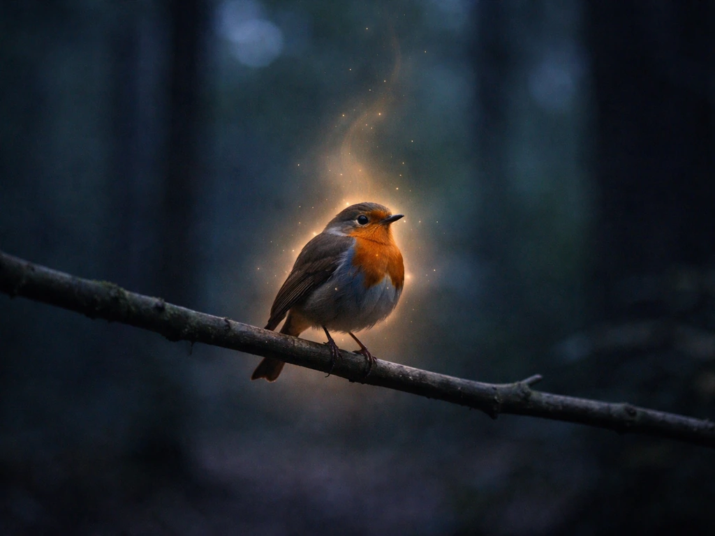 A small bird perched on a branch with a subtle glowing aura suggesting a symbolic messenger or soul.