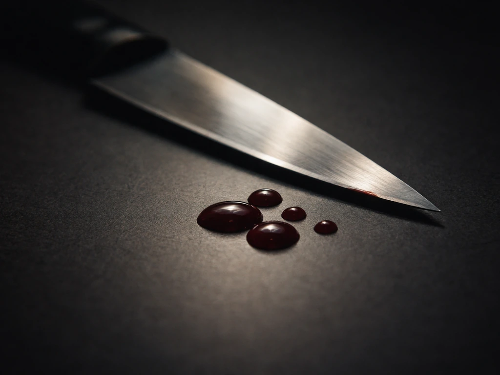 Close-up knife blade hovering above a few symbolic red droplets on a dark surface.