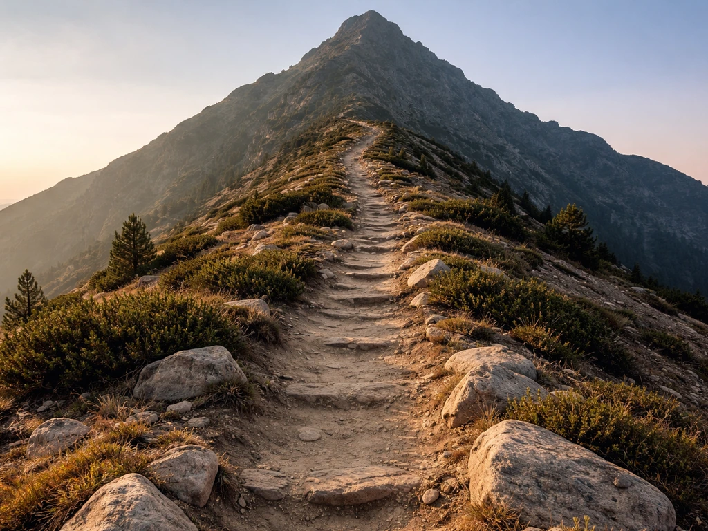 A steep winding trail climbs toward a distant mountain peak under bright daylight.