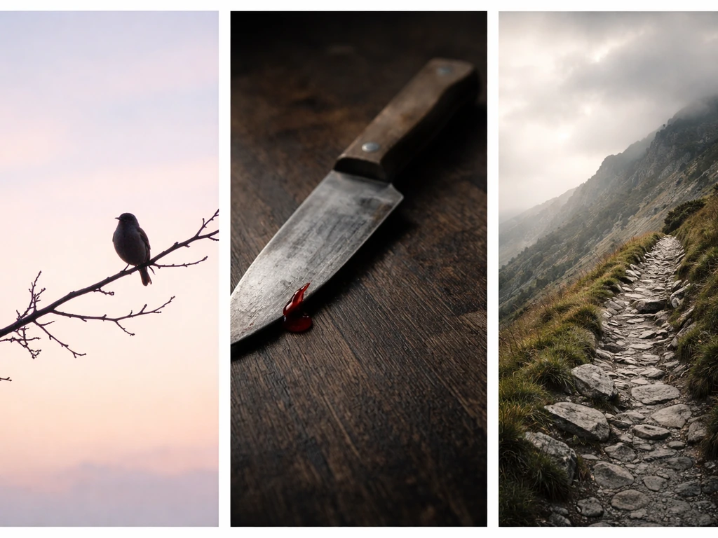 Three minimal photo panels: bird on branch, knife with a tiny red drop, rocky path up a mountain.