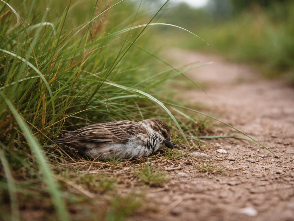 A small dead bird partially hidden in tall grass, photographed outdoors in natural light.