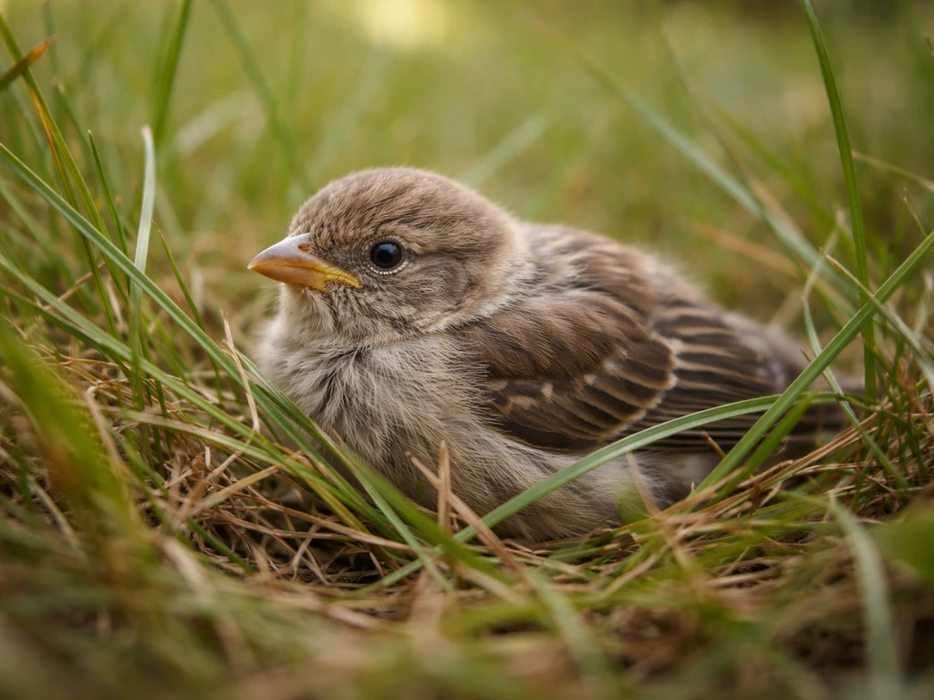 Small bird lying among tall grass in natural outdoor light