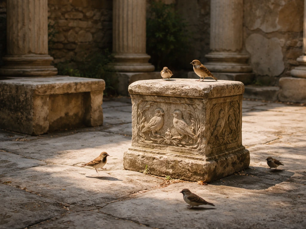 Sunlit ancient stone courtyard with a plinth and small sparrows, evoking Roman ornithomancy omens.