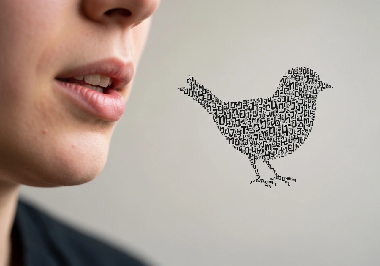 Close-up lips speaking beside an abstract bird silhouette made from sound fragments, suggesting mishearing slang.