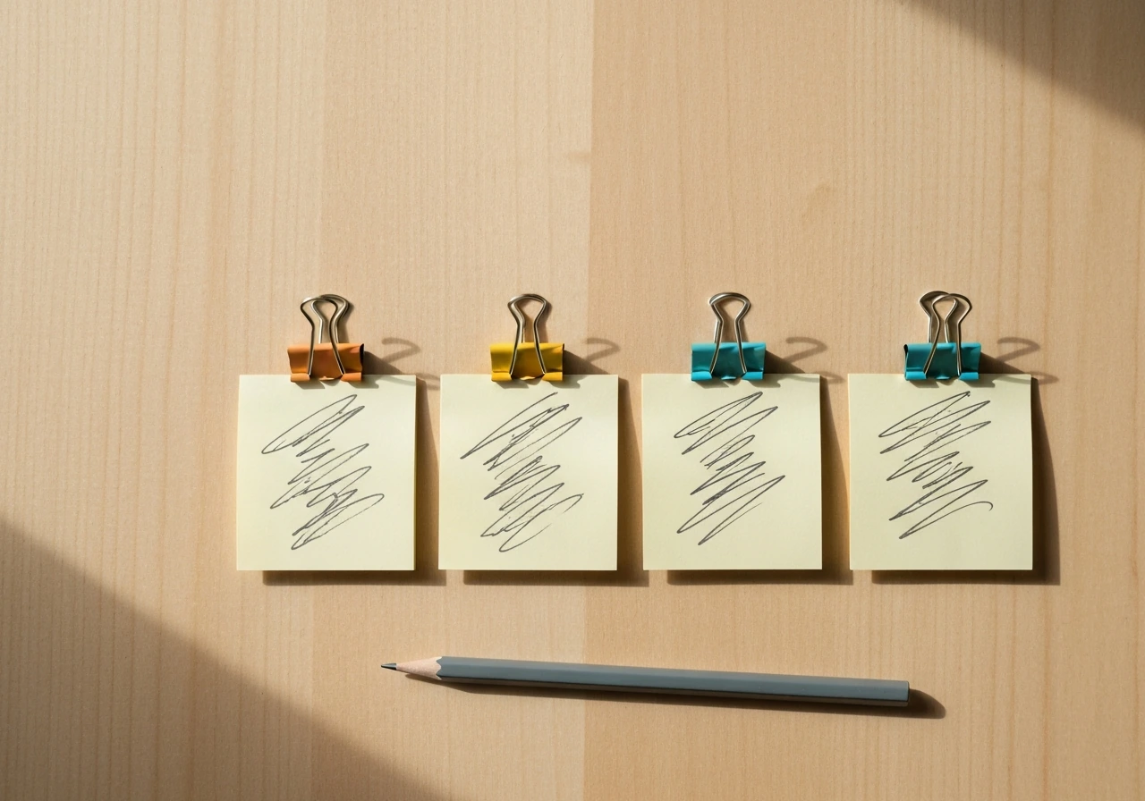 Minimal desk with four blank sticky notes in a row and binder clips, suggesting spelling variants without readable text.