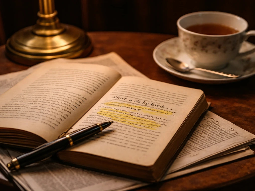 Open vintage book and newspaper on a wooden table with soft highlights suggesting a British phrase.