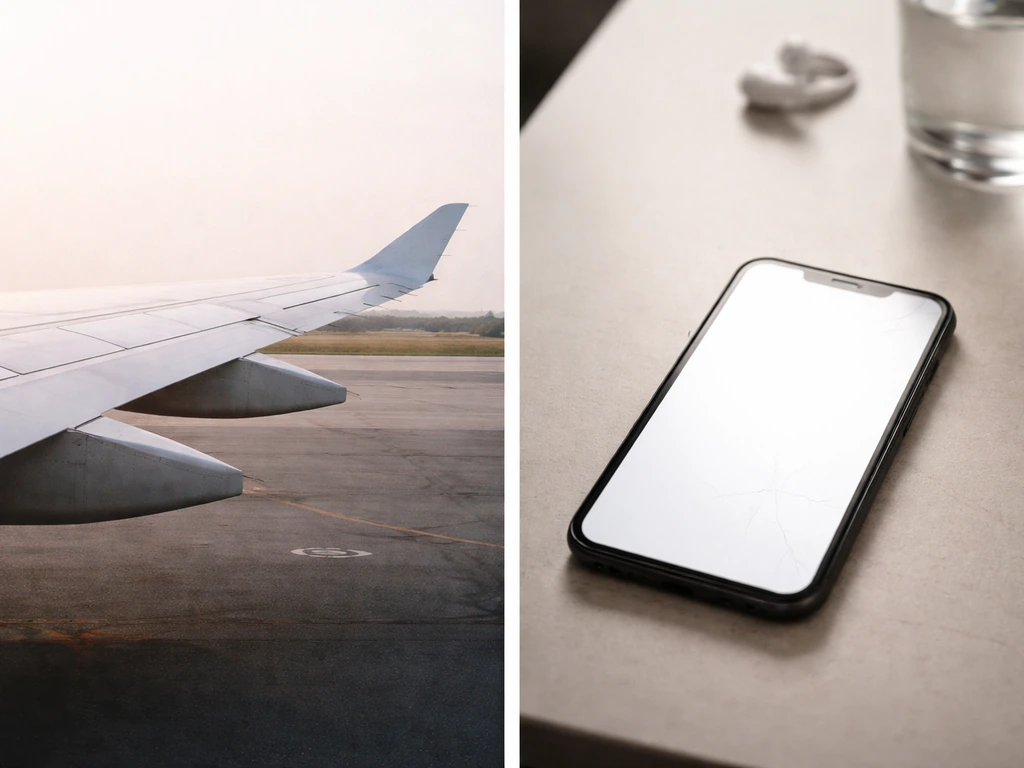 Split image of an airplane wing on one side and a disrupted phone-glow scene on the other.