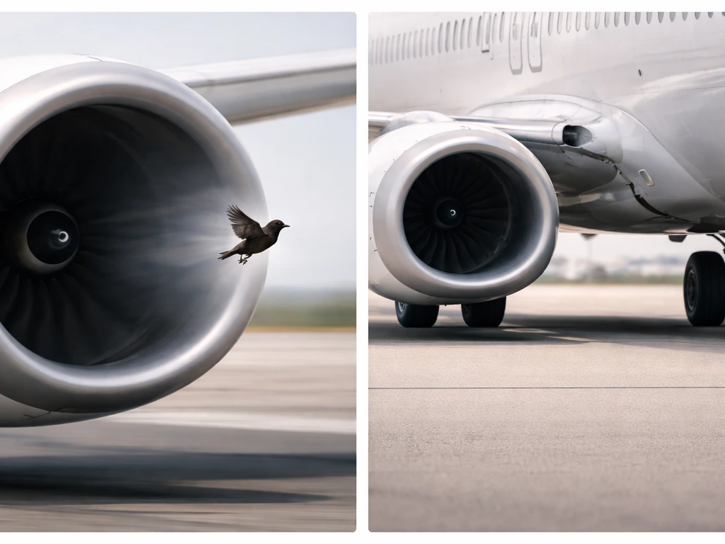 Minimal two-panel aviation scene: bird near jet engine during takeoff/landing contrasted with safe ground view