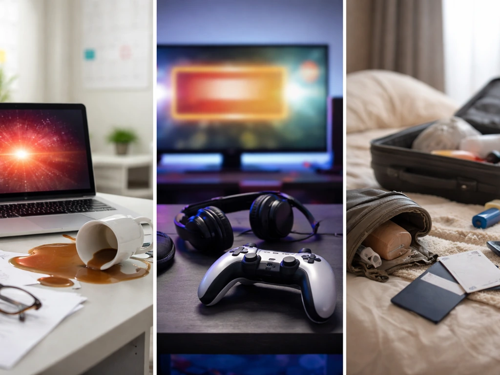 Three minimal scenes showing disruptions at work, during gaming, and while preparing travel.