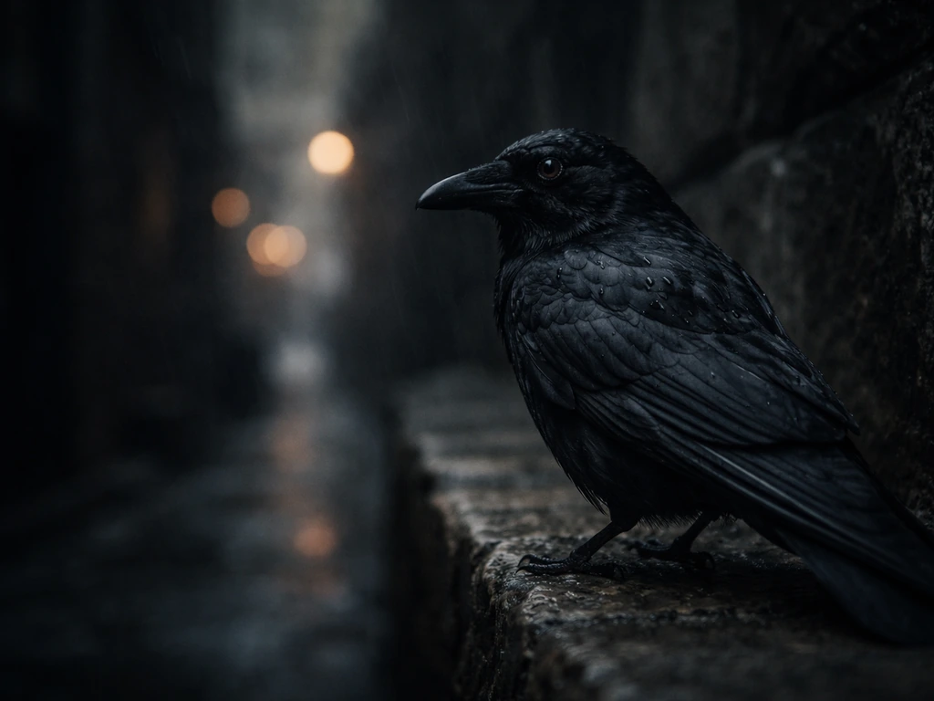 Moody close-up of a crow with glossy feathers perched on a stone ledge in misty light.